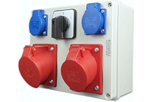 RoadEu - Steckdosenverteiler - CEE 32A und 16A Steckdose mit Schalter und Schuko 230V - Stromverteiler mit Hauptschalter 0-1. Starkstrom Verteiler mit CEE Steckdose 16A 32A. Europäische Komponenten