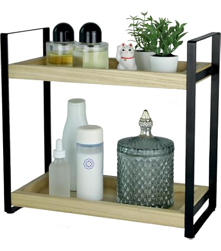 2-stöckiger Badezimmer-Organizer Aus Holz & Metall – 34x18 Cm Tablett, Schwarz, Für Arbeitsplatte & Küche