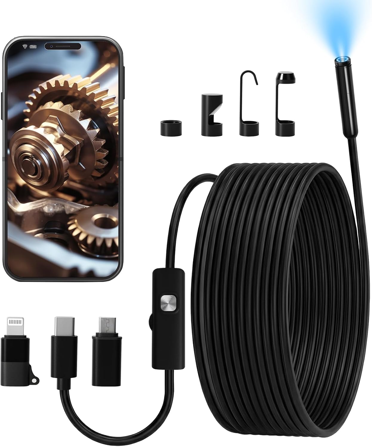 Endoscopio Cámara de Inspección, Camara Inspeccion para Tuberias, Endoscopio 1920P HD IP67 Lente con 8 Luces LED Ajustables, para Android y iOS, (5M, No Necesita WiFi)