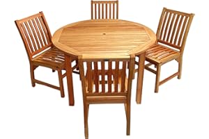 BrackenStyle Melton Hardwood Garden Dining Set Clear Finish – 120cm Round Table & 4 Side Chairs – Commercial Quality Outdoor Garden Patio Set