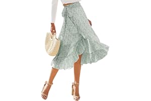 SotRong Letnia szyfonowa spódnica dla kobiet, kwiecista, boho, zawijana spódnica midi, długa, wysoka, niska, rozcięta, wiązana talia, linia A, boho, spódnice plażowe