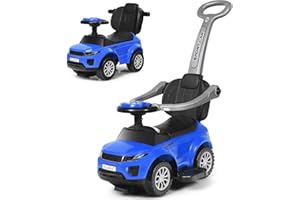 GYMAX 3 in 1 Kids Ride on Push Car, Push Along Car with Handle, Guardrails, Lights, Horn & Music, Underneath Storage, Toddler Sliding Toy for 1-3 Years Old Boys Girls (Blue)