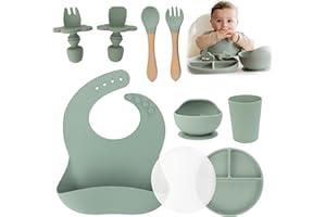 Yunioo - Coffret Repas Bebe Silicone | Lot de 9 | Vaisselle pour Bébé avec Ventouse |Assiette avec Couvercle, Bol, Fourche, Cuillère, Bavoir et Tasse | Passe au Lave | Vaisselle Micro Onde | Vert
