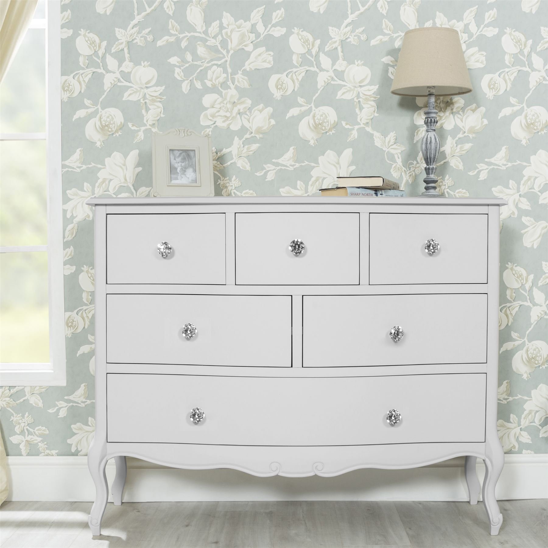 Juliette White Chest Of Drawers With Deep Drawers And Crystal