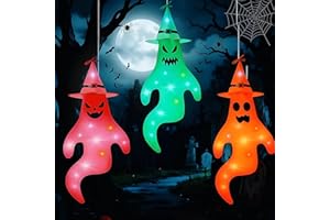 SUNWUUN 3 Stück Halloween Deko Geist mit Bunt LED Lichtern, 145x65cm Halloween Deko Outdoor Hängende Geister, Hängende Geisterflagge mit Hexenhut, für Garten Hof Terrasse Party Horror Hängen Dekoration
