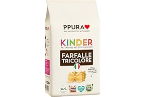 ‎PPURA PPURA Bio Pasta Kinder Farfalle Tricolore 500g – Bio Farfalle Nudeln mit 32% Vollkornanteil, Made in Italy – Ohne Zucker, Zusatzstoffe & Farbstoffe, traditionell hergestellt & nachhaltig verpackt