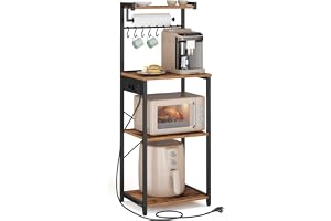 VASAGLE Kökshylla med flera uttag, kaffebar med 4 nivåer med justerbar hylla, 8 S-krokar, mikrovågsugnshållare, 40 x 45 x 140 cm, rustik brun och bläcksvart KKS013KD02