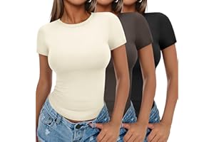 Ekouaer Womens 3 Pack Short Sleeve Tops Crew Neck Basic T-Shirts Stretch Fitted Summer Crop Top Aesthetic Streetwear S-XXL