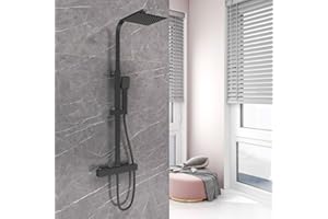 OCEAN ITALY S.R.L. OCEAN ITALY Colonna Doccia con Soffione Acciaio Inox 20x20cm, Gruppo Doccia con Miscelatore Termostatico, Saliscendi Doccia Moderno Quadrato Regolabile 73-115cm, Nero Opaco