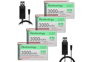 Meshnology 4PCS 3.7V 3000mAh Li Battery with USB Charger Cable 103665 1S LiPo Battery with Protection Board Insulated Rubber Tape and Micro JST 1.25 Plug for Ar duino ESP32 Module Board Drone RC Car