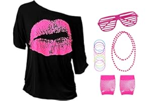 Aomig 80er 90er Jahre Outfit Damen, 5PCS 80er Faschingskostüme Damen mit T-Shirt Stirnband Ohrring Halskette Brille, 80er Jahre Outfit Damen Setfür Frauen Kleidung Neon Party Karneval (XXXL)
