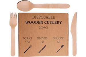 AIREE FAIREE Posate USA e Getta - Posate Monouso - Set di 200 Posate in Legno (100F, 50C, 50C) - Posate Biodegradabili al 100% - Posate Monouso per Feste - Posate in Legno (200 Pezzi)