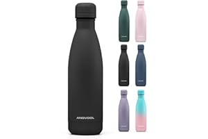 ANGVOOL Insulated Water Bottle, Stainless Steel Metal Thermal Flask for Hot and Cold Drinks, Leak Proof BPA Free Drinking Bottles for Kids or Adults (Black, 500ml)