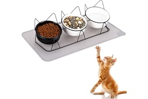 Lvefyti Katzennapf 3er Set, Erhöhter Futternapf Keramik Katzen Napfset Katzenschale Porzellan mit Unterlage Einzeln Erhöht für Hauskatzen Kätzchen 15°Gekippter Wassernapf für Hunde mit Matte(Schwarz)