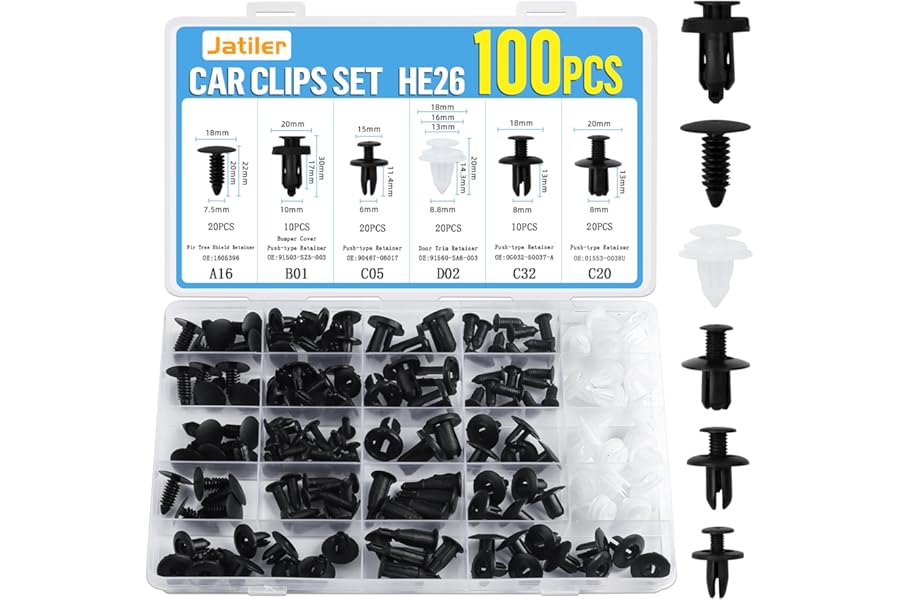 JatilEr 100 Pcs Car Trim Clips, HE26 Car Panel Clips Universal Auto Plastic Rivets Nylon Plastic Fasteners Bumper Clips and Fixings, 6 Sizes Push Rivets Door Trim Retainer Kit Accessories