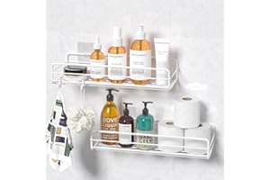 JYSDCXC Samoprzylepna półka prysznicowa bez wiercenia, zestaw 2 szt. – oszczędzający miejsce regał prysznicowy z matowego metalu ze stali nierdzewnej, z haczykami, do łazienki i kuchni, biały regał