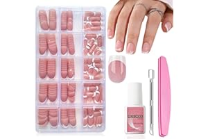 MEITREND French Tip Press on Nails - 240Pcs Short Fake Nails Set - 15 Size Acrylic Full Cover Artificial Fake Nails, Natural Color - French Tip Press on Nails Short Square DIY Nail Extensions