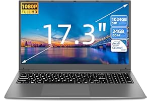 SGIN 17.3" Laptop 24GB RAM 1024GB SSD Storage(TF Card 512GB), Celeron N5095A Processor, FHD 1920 * 1080 IPS, 5000mAh Battery, Full Size Keyboard, 2xUSB 3.0, Dual Band WiFi (Grey)