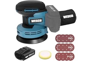 WESCO 18V Cordless Random Orbital Sander, 125mm Rotary Sander for Wood with 12pcs Sandppaers, Variable Speed 3000-11000 RPM, 2.0Ah Battery & Charger, Polishing Pad, Efficient Dust Extractor