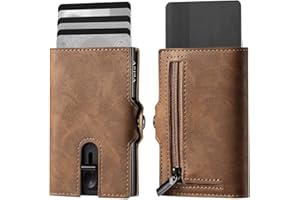 VpiuV® geldbörse Herren - Kreditkartenetui mit RFID-Schutz - Slim Wallet mit Münzfach - Aluminium-Kartenhalter - Braunes Leder im Vintage-Stil