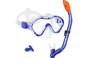 Sporzin Gafas Buceo Niño Snorkel Conjunto - Máscara Snorkel Seco 180°Vista HD Panorámica Gafas Snorkel Tubo de Silicona Aantivaho y Máscara Buceo con Protección Nasal Hecha Vidrio Endurecido 4-12 Años