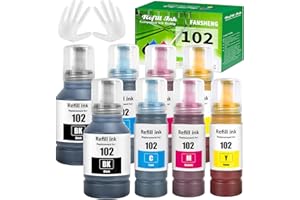 FANSHENG 102 Ink Compatible with Epson 102 ink refill bottles for EcoTank ET-2850 ET-4850 ET-2856 ET-3850 ET-15000 ET-2750 ET-2751 ET-2700 ET-3700 ET-3750 ET-4750 ET-4856 ET-2756 (8-P 2BK/2C/2M/2Y)