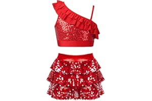 Jowowha Girls Sequins Dance Clothes Dress Sparkle Hip Hop Jazz Latin Dance Outfit Sleeveless Crop Top and Skirt