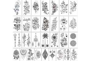 Rtinle 30 Sheets Fake Tattoos, Unique Black Temporary Tattoo Stickers, Waterproof Temporary Tattoos For Men Women, Neck Arm Thigh Flower Tattoo Sticker For Kids Adults