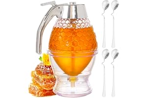 Bootoow Transparente Dispensador de miel acrílica Vidrio, Dispensador de jugo de batido con soporte de almacenamiento 1 PCS hermoso tarro de miel de panal 4 PCS Cuchara de miel