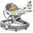 2 in 1 Foldable Baby Walker & Rocker - Multifunctional with 4 Adjustable Heights, Removable Feeding Tray, Music, Lights & Silent Wheels - Baby Walker for Boys & Girls 6 Months+ (Grey)