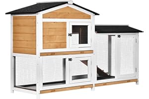 PawHut Gabbia per Conigli da Esterno con Porte Multiple, Conigliera in Legno di Abete con Rampa, Casetta per Conigli e Spazio Aperto Recintato, Giallo e Nero