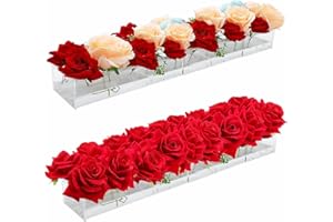 Vzmiza Premium Large 2 pcs (Total 82 CM) Luxury Rectangular Floral Centerpiece for Dining Table - Long Acrylic Flower Vase Rectangular Clear Vase - Acrylic Vase - Floral Vases for Centerpieces