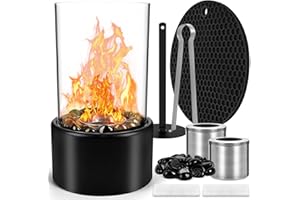 HSYPTI Tischkamin, Tischfeuer für Indoor & Outdoor, mit Deko Schwarz Steinen und 2 Brennkammern für Unendliche Brenndauer, Bio Ethanol Kamin mit Matte, Balkon Deko, Rauchfrei