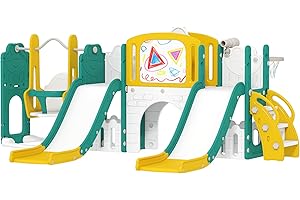 ‎AIYAPLAY AIRPLAY Kinder Rutsche 9 in 1 Kleinkind Rutsche mit Basketballkorb, 2 Rutsche, Klettergerüst, Schaukel, Tunnel, Fernrohr, Reißbrett, Froschmotiv und Aufbewahrungsbox usw. Indoor Outdoor für 1-3 Jahre
