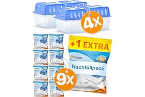 Idelia® 4x Luftentfeuchter + 9x 400g Nachfüllpacks - Raumentfeuchter für Bad, Keller uvm. bis 40m² + 9x Luftentfeuchter Granulat (4x Entfeuchter + 9x Nachfüllpacks) Baumarkt Fachhandel Qualität
