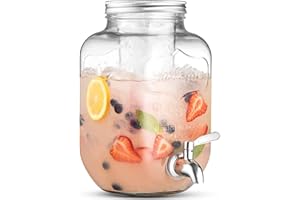 FINEDINE Glass Drink Dispenser with Stainless Steel Tap 3.7L - 100% Leak Proof Beverage Dispenser with Ice Core, Easy Filling Wide Mouth - Glass Jug Cocktail Accessories, Mason Jar Water Dispenser & Metal Lid
