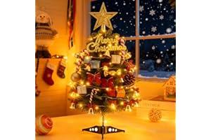 Silkwish Mini choinka 50 cm z ciepłobiałym oświetleniem – Sztuczna choinka z gwiazdą na czubku, bombkami bożonarodzeniowymi, 42x dekoracje bożonarodzeniowe – Zasilana bateriami choinka stołowa do