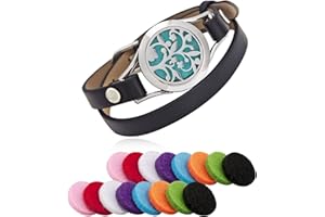 LURICO Pulsera de Cuero para Hombre Mujer, Aromaterapia Difusor de Aceites Esenciales Locket Acero Inoxidable, Aromaterapia de Pulsera, Brazalete con Hebillas Ajustable Regalo de Amistad