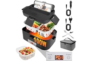 Czoele 100W Scaldavivande Elettrico Portatile 1,8L Lunch Box Elettrico Portatile Scaldavivande 3 in 1 12V 24V 220V Scalda Vivande Elettrico per Auto Camion e Ufficio Schiscetta Pranzo Riscaldabile