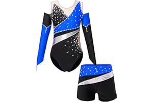 iEFiEL Mädchen Glitzer Turnanzug Mit Strass Leotard Gymnastikanzug Langarm Ballett Trikotanzug Tanzkostüm Set Sportlich Shorts Kruz