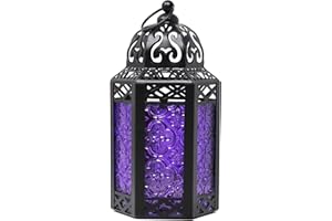 VELA LANTERNS Black Metal Decorative Moroccan Lantern Candle Holder Lamp for Indoor or Outdoor Home Decor, Small, Purple