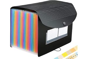 FULFUN Expanding File Organisers, 24 Pockets Document Organiser Filing Boxes, Expanding File Folder, Accordion A4 Filing Folders Plastic Wallets,Bills Storage Box with Lid(Black)