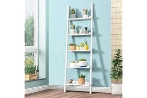 CASART 5 Tiers Ladder Rack, Wall Display Shelf Stand, Home Office Storage Shelving Unit Flower Plants Organiser Stand for Living Room Kitchen Bathroom (57 x 32 x 189cm, White)
