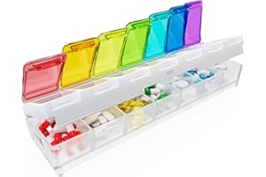 Fullicon Weekly Pill Box 7 Day Quick Fill & Spill Proof Designed Large Pill Organiser with Free Labels Daily Tablet Organiser for Medicine, Vitamin, Fish Oil, Supplement (Rainbow Clear Paten REGT)