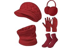 Niwicee Women Winter Knitted Hat and Scarf Set 5 PCS Ski Outing Set Plush Ear Warmers Knitted Scarf Berets Hat and Touch Screen Gloves Thermal Socks Set for Skiing Outdoor Sports