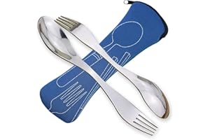SWIRLCOLOR Sporks przenośny łyżko-widelec kempingowy ze stali nierdzewnej, wielokrotnego użytku, zestaw sztućców kempingowych z torbą na sztućce, na zewnątrz, piknik, podróż, wędrówki, 2 szt., niebieskie