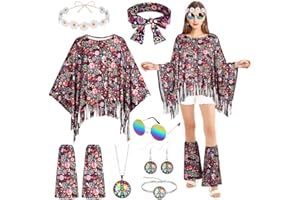 AOOWU Hippie Kostüm Damen Set, 60 er 70er Jahre Hippie Kleidung, Kostüm Hippie, Karneval Kostüm Damen Hippie, Disco Outfit Hippie Accessoires für Karneval Disco Party Cosplay Mottoparty Halloween