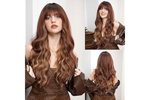 CGVG Lange Lockige Wellige Perücke mit Pony Rotbraun und Braun mit Highlight - Hitzebeständiges Kunsthaar für Damen, Tägliche Verwendung, Cosplay, Hochzeit
