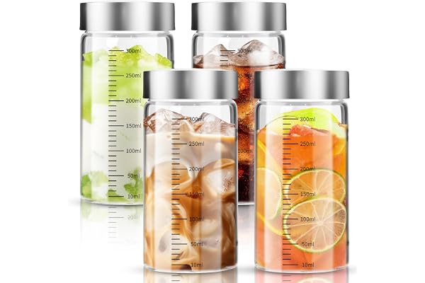 4 x 300 ml glasflaskor med lock i rostfritt stål, återanvändbar, BPA-fri, för juice, smoothies, kaffe, mjölk, te, vegetabilisk mjölk och annat