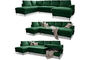 Cord Sofa U Form mit Schlaffunktion - Ecksofa mit Schlaffunktion und Bettkasten, Wohnlandschaft U Form, XXL Couch U Form, Big Sofa XXL, Eckcouch mit Schlaffunktion und Bettkasten, (Sofa Grün Links)